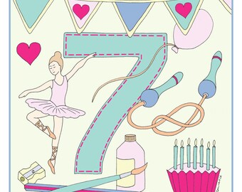 Birthday Card Age 7 Girl by Emma Lawrence Designs - ballet, skipping, painting, art, bunting, cake, number card, ballerina, illustration