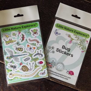 Little Nature Explorers Bug Stickers - A6 sheet of 15 stickers - pocket money - ladybird, worm, snail, bee, minibeast -Emma Lawrence Designs