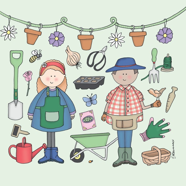 Gardeners - Welly Wearers Greeting Card by Emma Lawrence Designs Wheelbarrow / Watering Can / Pots / Plants / Flowers / Seeds / Blank Inside