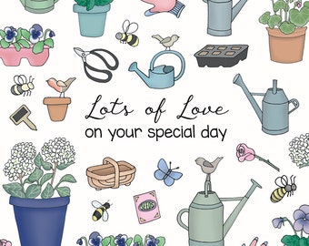Ditsy - Birthday - Pots, Flowers, Garden Greeting Card by Emma Lawrence Designs. Blank inside for your own special message