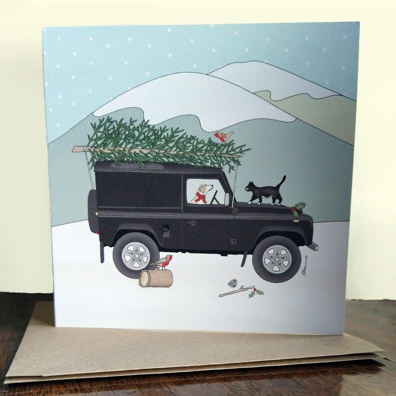 Christmas Landrover Black Defender Farm Vehicle Beagle Dog Cat Greeting