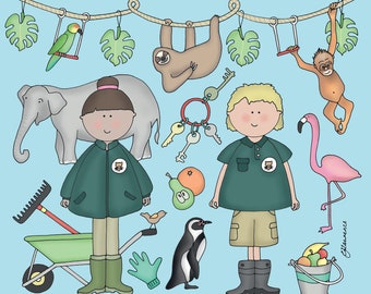 Zoo Keepers - Welly Wearers Greeting Card by Emma Lawrence Designs - Animals / Elephant / Sloth / Monkey / Flamingo / Penguin / Blank Inside