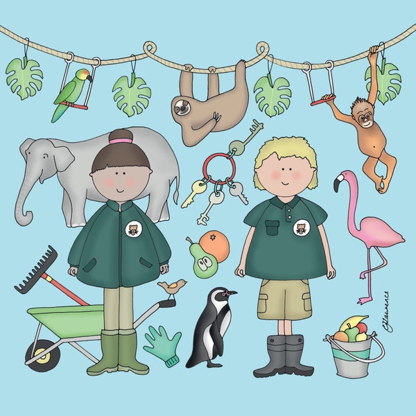 Zoo Keepers - Welly Wearers Greeting Card by Emma Lawrence Designs - Animals / Elephant / Sloth / Monkey / Flamingo / Penguin / Blank Inside