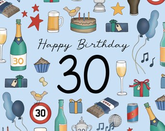 Ditsy - Happy Birthday 30 - Beer, Champagne, Cake, Greeting Card by Emma Lawrence Designs. Blank inside for your own special message