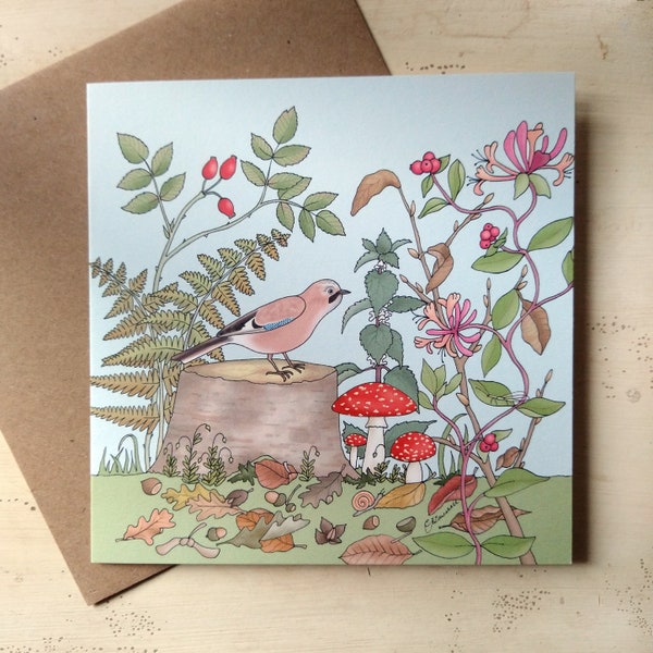Flora & Fauna - Jay and Honeysuckle greeting card / toadstools/ wildflowers/ autumn/ ferns/ by Emma Lawrence Designs.