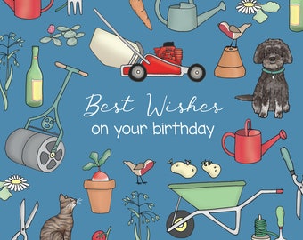 Ditsy - Birthday - Gardening, Flowers, Dog, Cat, Bird -  Greeting Card by Emma Lawrence Designs. Blank inside for your own special message