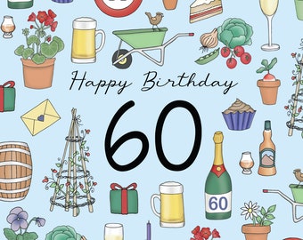 Ditsy - Happy Birthday 60 - Beer, Champagne, Cake, Greeting Card by Emma Lawrence Designs. Blank inside for your own special message