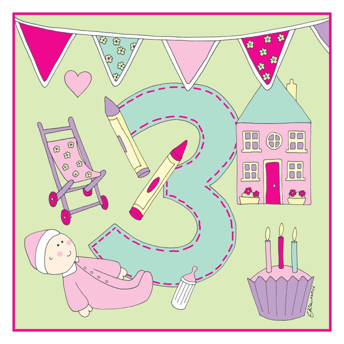 Birthday Card Age 3 Girl by Emma Lawrence Designs - Etsy