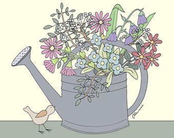 Flower Cups - Watering Can full of Flowers greeting card /  blank card / any occasion / bird / botanical / by Emma Lawrence Designs.