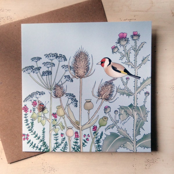Flora & Fauna - Goldfinch and Teasel greeting card / bird / thistle/ wildflowers / heather / by Emma Lawrence Designs.