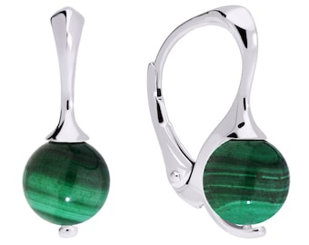 Silver earrings with natural green malachite stones