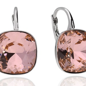 Silver leverback earrings with square Swarovski crystals in 6 colours: turquoise, blue, pink, beige, scarabaeus, white image 4