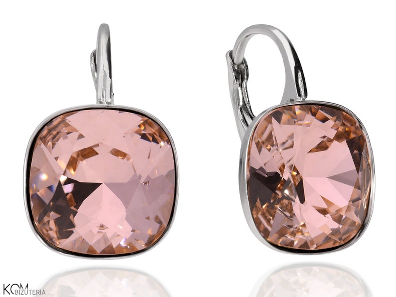 Silver leverback earrings with square Swarovski crystals in 6 colours: turquoise, blue, pink, beige, scarabaeus, white image 4