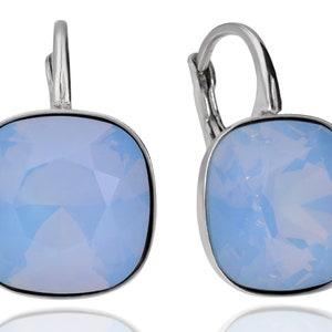 Silver leverback earrings with square Swarovski crystals in 6 colours: turquoise, blue, pink, beige, scarabaeus, white image 3