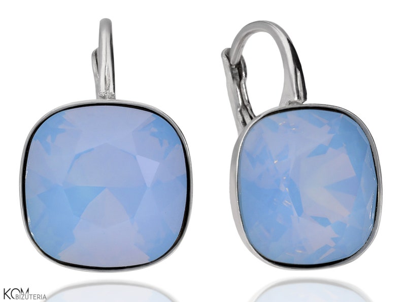 Silver leverback earrings with square Swarovski crystals in 6 colours: turquoise, blue, pink, beige, scarabaeus, white image 3