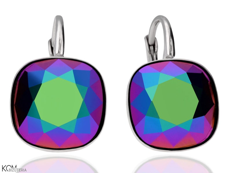 Silver leverback earrings with square Swarovski crystals in 6 colours: turquoise, blue, pink, beige, scarabaeus, white image 5