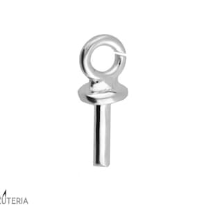 Peut inclure: Un élément de bijouterie argenté brillant, avec une boucle en haut et une tige en bas. Ce composant est conçu pour la fabrication de bijoux et l'artisanat. La base de la boucle est ronde et la tige est rectangulaire.