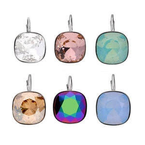 Silver leverback earrings with square Swarovski crystals in 6 colours: turquoise, blue, pink, beige, scarabaeus, white image 1