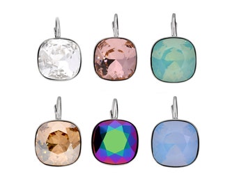 Silver leverback earrings with square Swarovski crystals in 6 colours: turquoise, blue, pink, beige, scarabaeus, white