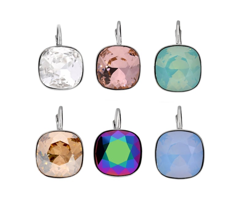 Silver leverback earrings with square Swarovski crystals in 6 colours: turquoise, blue, pink, beige, scarabaeus, white image 1
