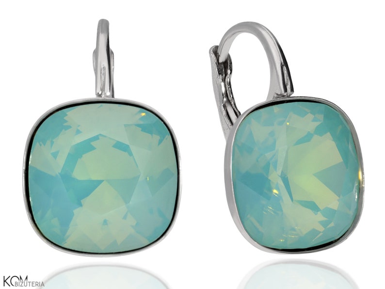 Silver leverback earrings with square Swarovski crystals in 6 colours: turquoise, blue, pink, beige, scarabaeus, white image 2