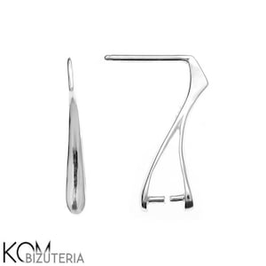 May include: Two silver earring findings. One is a teardrop shape, and the other has a curved, geometric design with a post and two small bars. The earrings are displayed on a white background.
