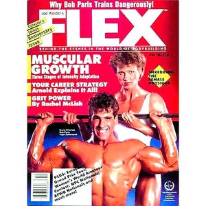 以下が含まれることがあります： 「FLEX」というタイトルと、「Muscular Growth」と「Your Career Strategy」という文字が白で書かれた赤い雑誌の表紙。表紙には、ウェイトリフティングをしている男性と女性が写っている。雑誌は1984年4月号である。