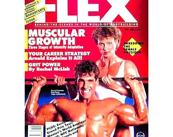 Peut inclure: Une couverture de magazine rouge avec le titre "FLEX" et les mots "Muscular Growth" et "Your Career Strategy" en blanc. La couverture présente un homme et une femme soulevant des poids. Le magazine est d'avril 1984.