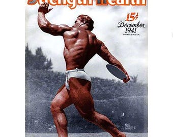 Peut inclure: Une couverture de magazine vintage pour "Strength and Health", mettant en scène un homme musclé lançant un disque. La couverture est datée de décembre 1941 et coûte 15 cents.