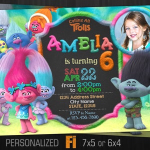 Personalised TROLLS DIGITAL Kids Birthday Invitations YOU PRINT