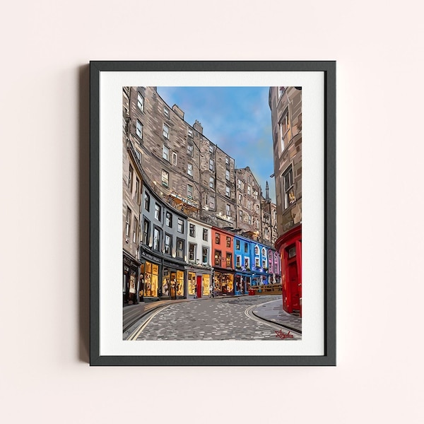 Edinburgh Victoria Street Historical A6 A5 A4 A3 Art Print | Scotland Bow Street Rainbow Cobblestone Lane |Old Town City Illustration Poster