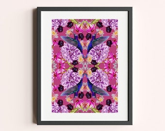 Hummingbird Tropical Flower A5 A4 A3 Art Print | Botanical Nature Illustration | Vibrant Luxury Wall Decor | Beautiful Bird Floral Foliage