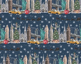 New York City Skyline Santa Wrapping Paper | Festive USA Single-Sided Paper Sheet | Blue NYC Merry Christmas | America Snow Xmas Gift Wrap