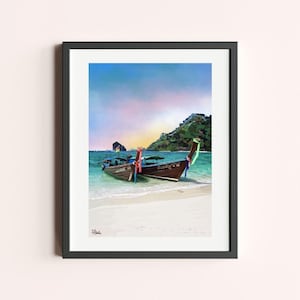 Thailand Long-Tail Boat Krabi A6 A5 A4 A3 Art Print | Illustration Railay Beach | Southeast Asia Travel Poster | Backpacking Gift Wall Decor