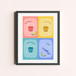 テキーラ1杯、テキーラ2杯、テキーラ3杯、フロアデジタルダウンロード | イラスト入りバーアルコールショットポスタープリント | 酒類壁装飾アート