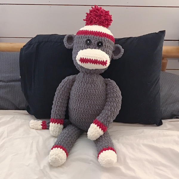 Crochet Sock Monkey PATTERN Big - Soft Bernat Blanket Wool for Baby or Child Gift - Toy Amigurumi Instant Download