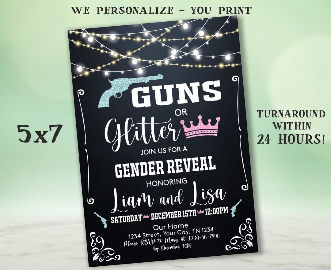 Guns or Glitter Gender Reveal Invite, Guns or Glitter Invitation, Guns
