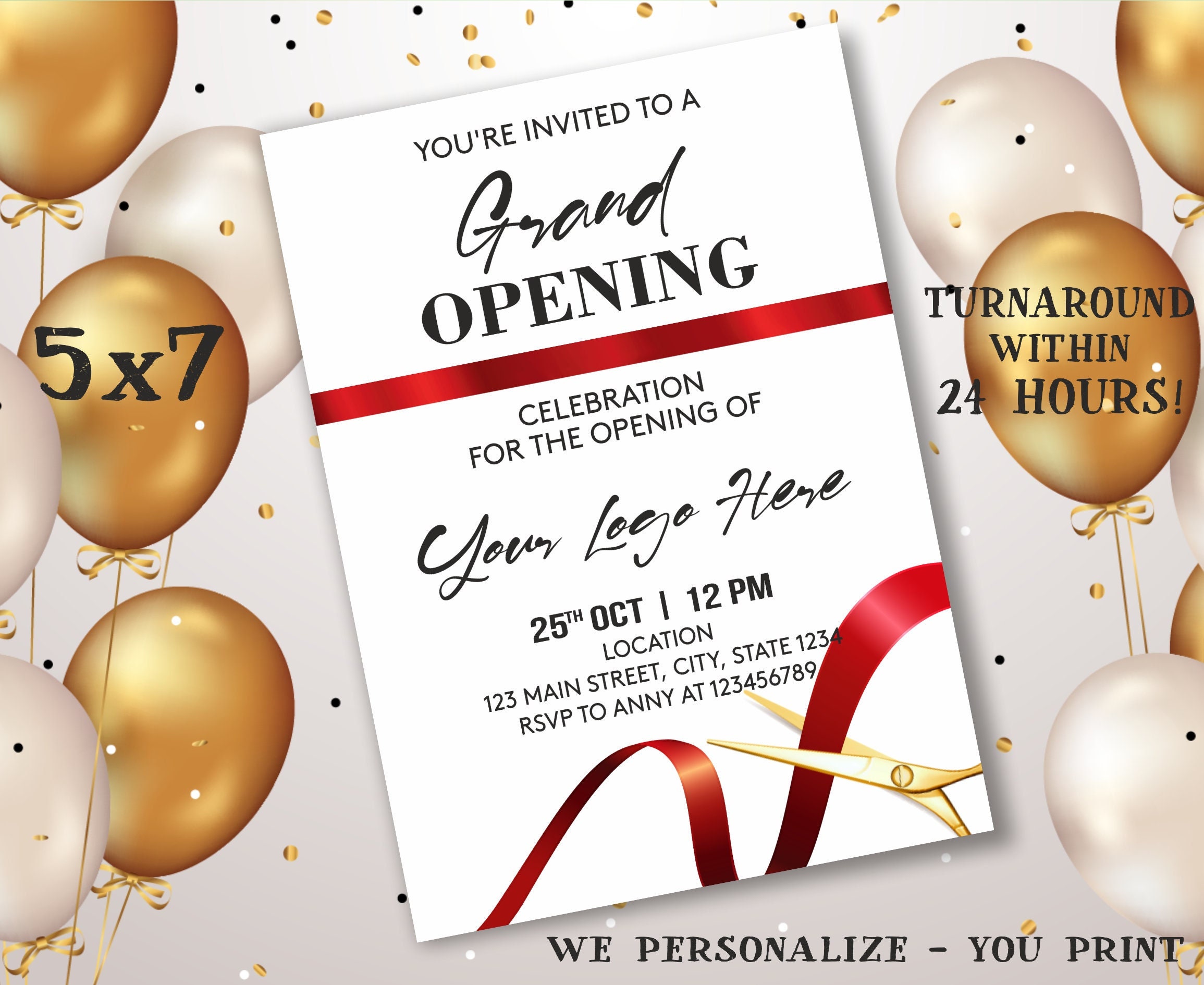 Grand Opening Invitation, Ribbon Cutting, Gold Ribbon Cutting, White  Balloons, Grand Opening, Silver Balloons 