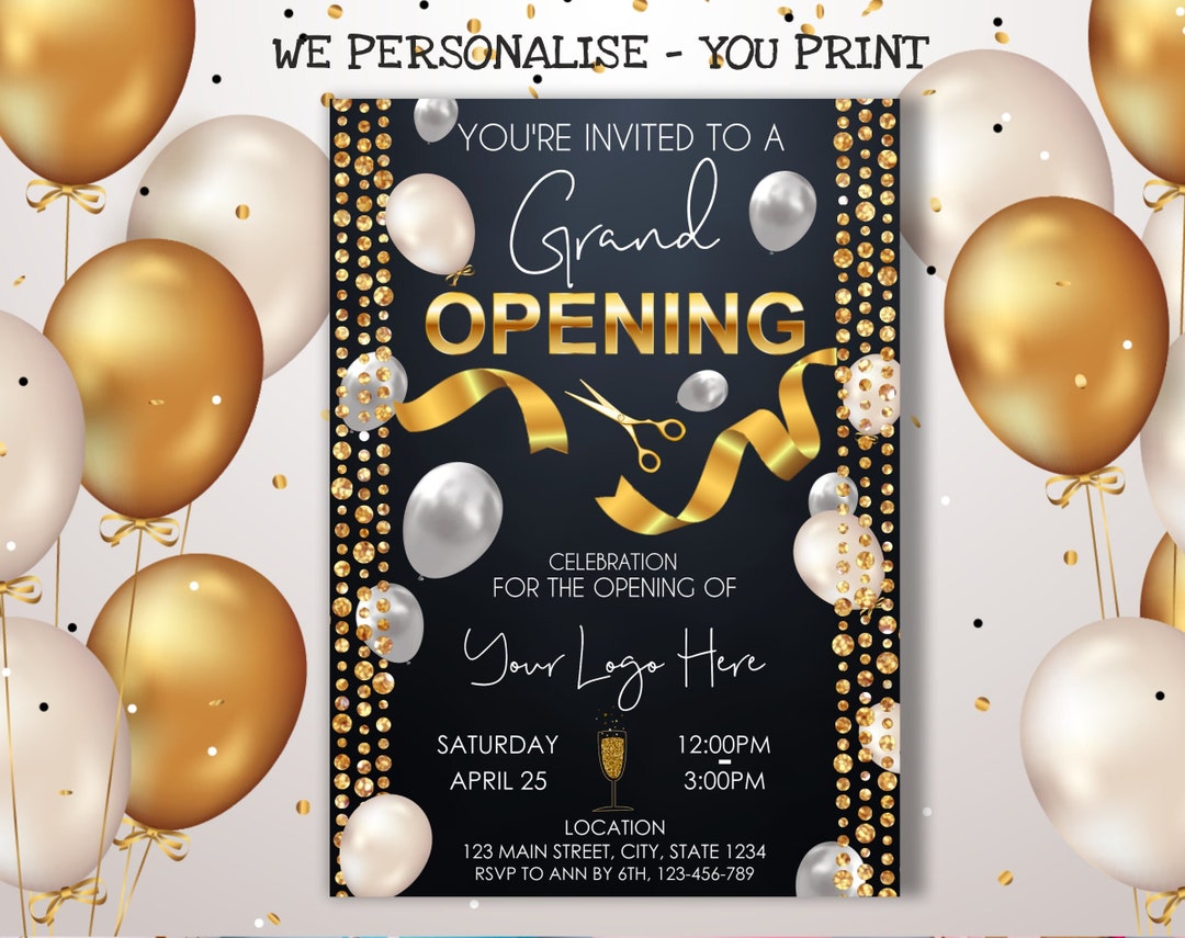 Grand Opening Invitation, Ribbon Cutting, Gold Ribbon Cutting, White  Balloons, Grand Opening, Silver Balloons 