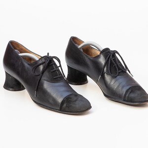 Edgy Charles Jordan Round Heel 1990  Black Leather + Black Suede Tie Shoe  1 3/4&#39; Heel