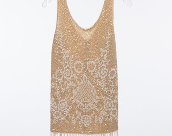 Beaded Fringe Vintage Cream Sweater Tank with Sequins +  Beaded Embellishments
