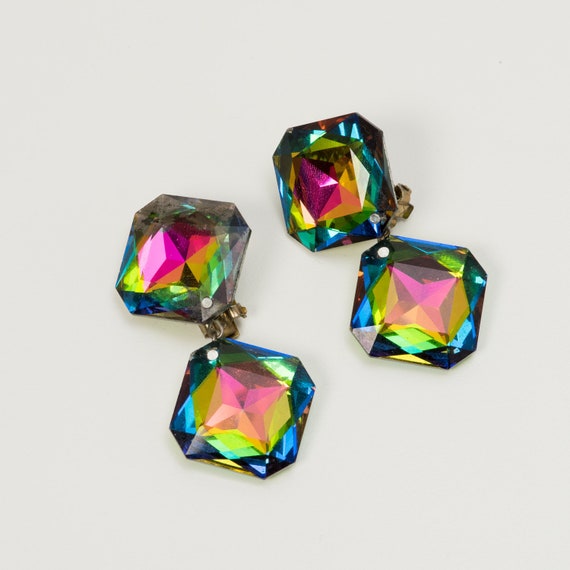 Earrings Rainbow Crystal Drop Clip-On 1990s Vinta