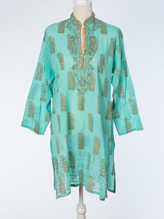 Vintage Juliet Dunn, London LONG Tunic Dress Turquoise With Gold 