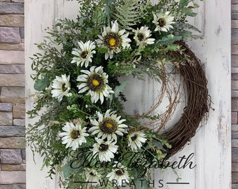 White Sunflower Summer Wreath for Front Door, Wispy Spring Wreath