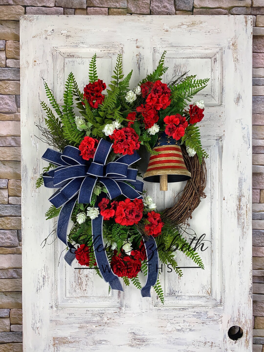 Patriotic USA Wreath for Front Door With American Flag Bell, Summer ...