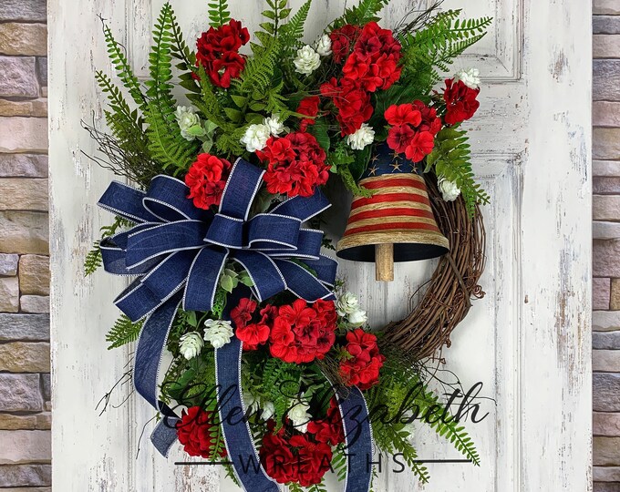 Patriotic USA Wreath for Front Door With American Flag Bell, Summer ...