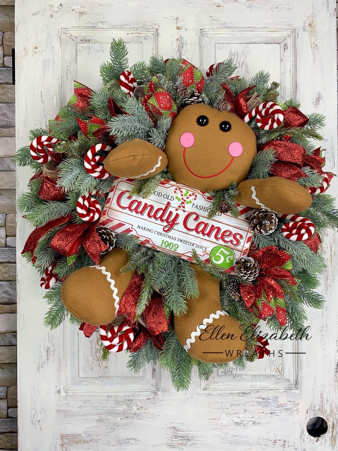 Gingerbread Wreath for Front Door With Candy Cane Sign, Gingerbread ...