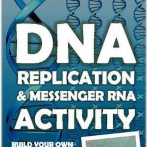May include: A blue educational poster with the words "DNA REPLICATION & MESSENGER RNA ACTIVITY" in large white letters. The poster includes a graphic of a DNA double helix and a smaller image of a classroom model.