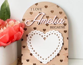 Personalized “I Love You Because” Sign | Custom Name Valentine Gift | Wooden Love Note Board | Kids Valentine Keepsake