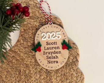 Personalized Family Christmas Ornament – Custom Names & Year | Laser Cut Wood Holiday Ornament | First Christmas as a Family Keepsake | 2025